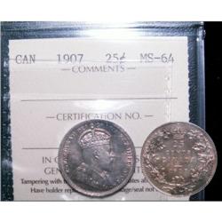1907 25¢ ICCS MS64.  Attractive toning with full