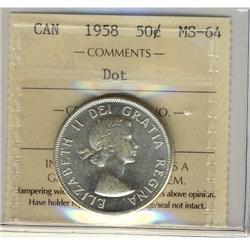 1958 50¢ Dot ICCS MS64,