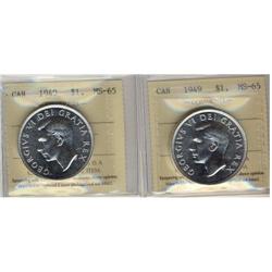 1949 $1 ICCS MS65.  Lot of two superb gem white e