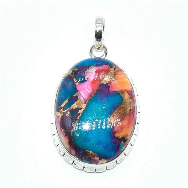 Silver Pink Spiny Oyster Turquoise(13.5ct) Rhodium Plated Pendant (~weight 7.35g) (Estimated Selling
