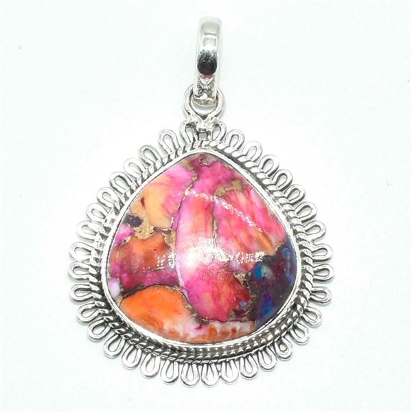 Silver Pink Spiny Oyster Turquoise(10.8ct) Rhodium Plated Pendant (~weight 6.65g) (Estimated Selling
