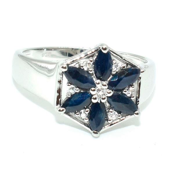Silver Blue Sapphire White Topaz(1.45ct) Rhodium Plated Ring (~weight 2.75g)