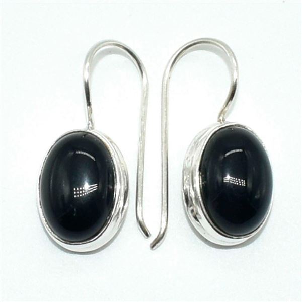 Silver Black Onyx(15.3ct) Hand Made Earrings (~weight 6.15g)