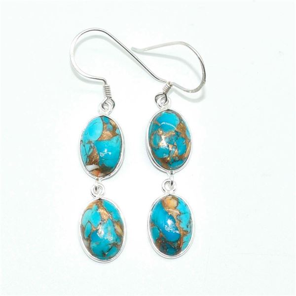 Silver Blue Copper Turquoise(18.95ct) Hand Made Earrings (~weight 5.4g)