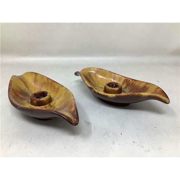 Vintage Blue Mountain Pottery Canada- Set of 2, Leaf Shaped Candlestick Holders