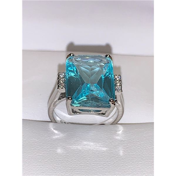 Ladies Aquamarine emerald cut solitaire 3.4 carats silver ring size 7