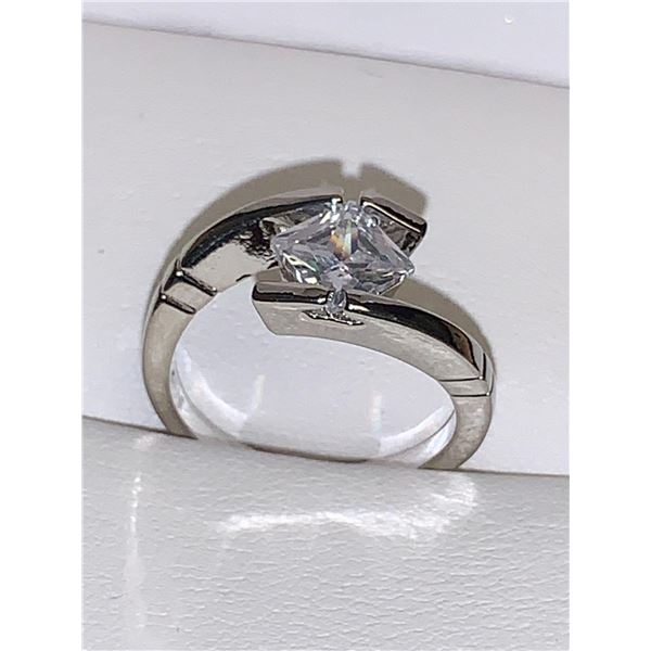 Ladies Princess Cut .85 carat Solitaire Bezel Set 14K GP engagement ring size 7