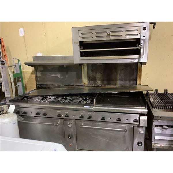 Quest double oven gas range - 8 burner top cooktop with griddle  and salamander