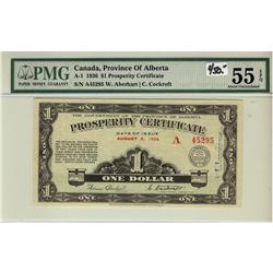 A-1 1936 $1 Prosperity Certificate PMG AU55 EPQ.  No st