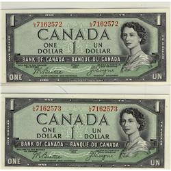 BC-29b 1954 $1 DF #LA7162572, #LA7162573. Lot of 2 cons