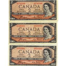 BC-30b 1954 $2 DF. Lot of 3 notes VF to VF+.