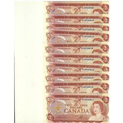 Lot of 10 consecutive numbered notes, 1974 $2 Lawson-Bo