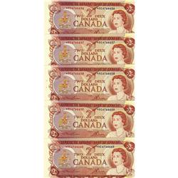 Lot of 5 consecutive numbered notes, 1974 $2 Law-Bou *R