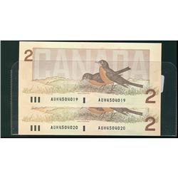 BC-55a, 1986 $2 #AUH4504019 to 020 UNC, two consecutive