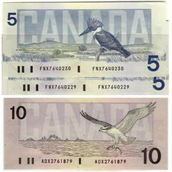 BC-56bA 1986 $5,  2 consecutive notes #FNX7640229-230.