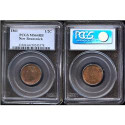 New Brunswick 1861 1/2¢  PCGS MS64RB.  60% red lustre,