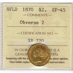 Nfld 1870 $2 Gold ICCS EF45 Obv. 2.