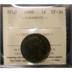 Nfld 1888 1¢ ICCS VF-30, nice chocolate brown example