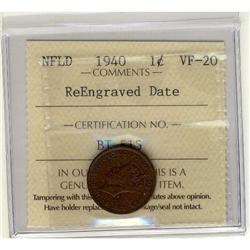 1940 1¢ Nfld Re-engraved  ICCS VF20.
