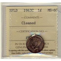 Nfld 1943c 1¢ ICCS MS60. Designated as clean.