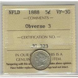 Nfld 1888 5¢ Obv 3 ICCS VF30.
