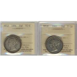 1894 & 1900 Nfld 50¢.  Lot of two coins both ICCS grade