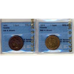 1900 and 1913 1¢ both CCCS MS-63 RB, two nice lustrous