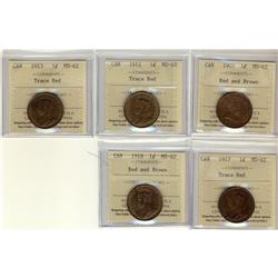 Lot of 5 ICCS graded MS-62 Large Cents; 1905, 1912, 191