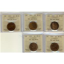 Lot of 5 ICCS graded MS-63RB Large Cents; 1910, 1911, 1