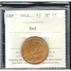 1911 1¢ ICCS MS65 Red.  Exceptionally clean fields with