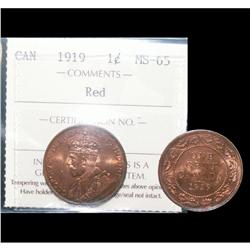 1919 1¢ ICCS MS65RD, a gem example with light rim tone.