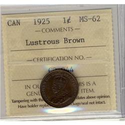 1925 1¢ ICCS MS62.  Key date designated as Lustrous bro