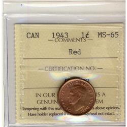 1943 1¢ ICCS MS-65 Red, a superb example with nice fiel