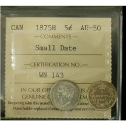 1875H 5¢ Sml date ICCS AU50, super key date example wit