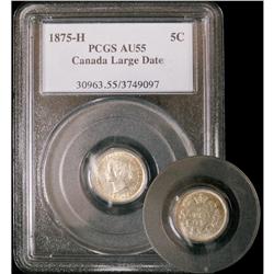 1875H Large date  5¢  PCGS AU55. Brilliant and lustrous