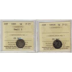 1882H & 1885 Sml 5 5¢.  Lot of 2 coins both ICCS F12.