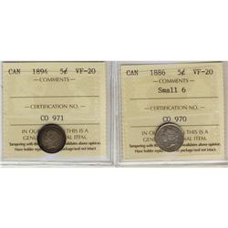 1886 Sml 6 & 1894 5¢.  Lot of 2 coins both ICCS VF20.