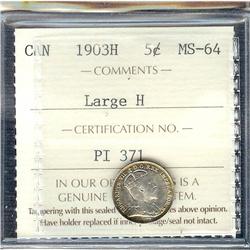 1903H Large "H"  5¢  ICCS MS64. Light gold tone around