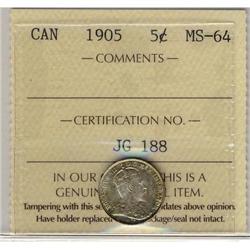 1905 5¢ ICCS MS64 PQ toning