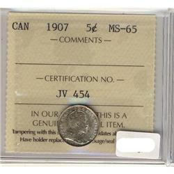 1907 5¢ ICCS MS65.  Superbly toned and strong lustre.