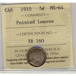 1910 5¢ Ptd Lvs ICCS MS64.