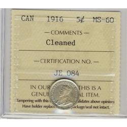 1916 5¢ ICCS MS60 Cleaned