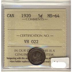 1920 5¢ ICCS MS64.  Toned and lustrous coin.