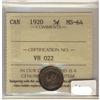 Image 1 : 1920 5¢ ICCS MS64.  Toned and lustrous coin.