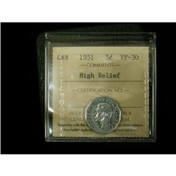 1951 5¢ High Relief ICCS VF30