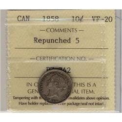 1858 10¢ Repunched 5 ICCS VF-20