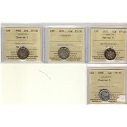 Lot of 4 ICCS graded VF-30 Ten cents; 1870 Nar.O, 1871,