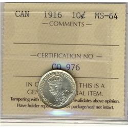 1916 10¢ ICCS MS64.  Superb blast white coin.