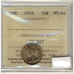 1918 10¢ ICCS MS64.  A full lustered with golden tone e