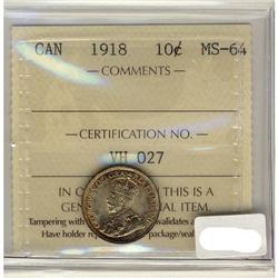 1918 10¢ ICCS MS64.  A full lustered with golden tone e